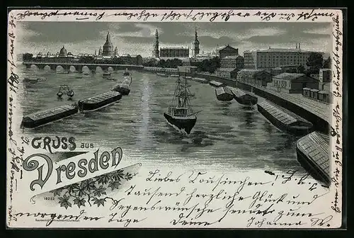 Mondschein-Lithographie Dresden, Ortsansicht von der Elbe aus mit Segelschiff und Lastkähnen