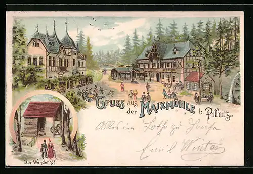 Lithographie Pillnitz, Maixmühle mit Spaziergängern, Der Wendenhof
