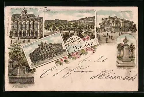 Lithographie Dresden, Alberttheater, Weber-Denkmal, Polytechnicum und Bismarckplatz