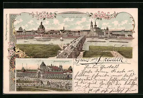 Lithographie Dresden, Totalansicht der Altstadt, Ausstellungspalast