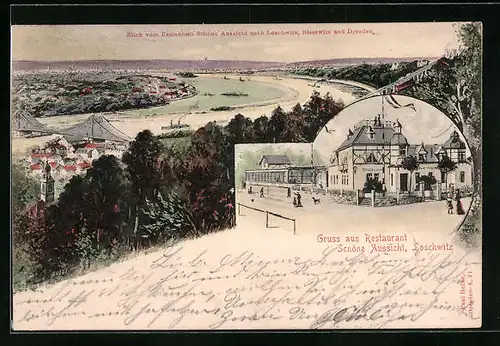 Lithographie Loschwitz, Restaurant Schöne Aussicht, Blick nach Loschwitz, Blasewitz und Dresden