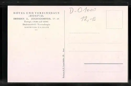 Künstler-AK Dresden A., Hotel und Vereinshaus Hospiz Zinzendorfstrasse 17-21