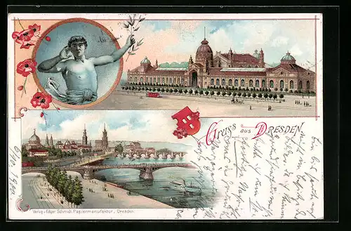 Lithographie Dresden, Ausstellungspalast und Elbe-Ufer