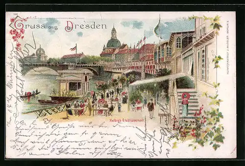 Lithographie Dresden, Helbigs Etablissement mit Blick auf die Elbe