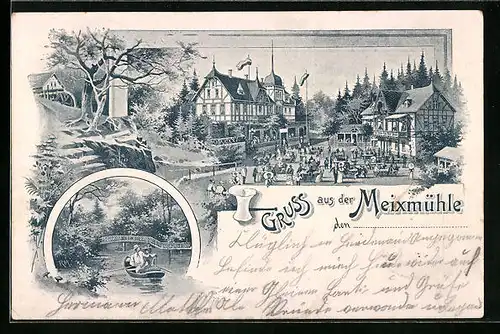 Lithographie Dresden-Pillnitz, Gasthof Meixmühle, Ruderpartie, Ausflugsgäste