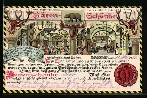 Künstler-AK Dresden, Gasthaus Bärenschänke, Inhaber Karl Höhne, Geweih-Sammlung