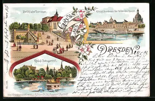 Lithographie Dresden, Brühlsche Terrasse, Königl. Academie der bildenden Künste