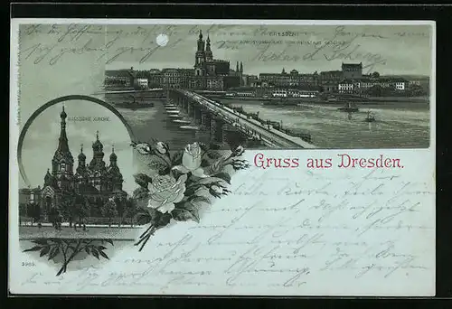 Mondschein-Lithographie Dresden, Augustusbrücke und Russische Kirche