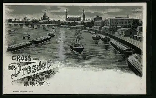 Mondschein-Lithographie Dresden, Ortsansicht von der Elbe aus mit Schiffen