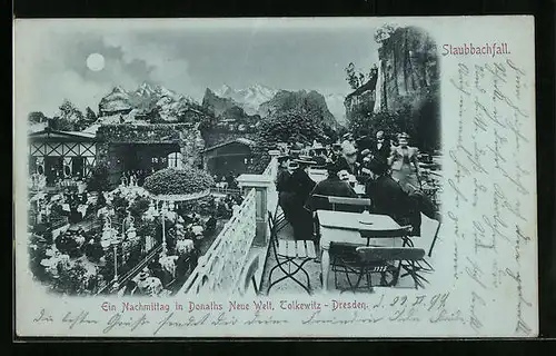 Mondschein-AK Dresden-Tolkewitz, Staubbachfall im Restaurant Donaths Neue Welt