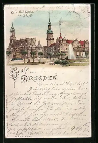 Lithographie Dresden, Kath. Hof-Kirche und Schloss, Halt gegen das Licht