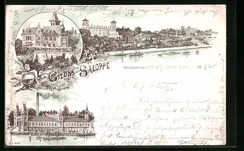 Vorläufer-Lithographie Dresden-Neustadt, 1892, Restaurant Saloppe, Panorama