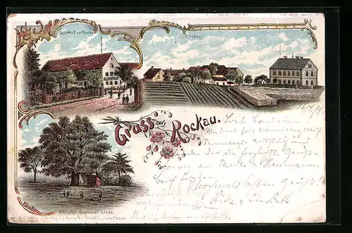 Lithographie Dresden-Rockau, Gasthof, Panorama, 410 jähr. Linde