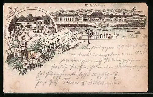Vorläufer-Lithographie Dresden-Pillnitz, 1895, Schloss-Restaurant, Kgl. Schloss