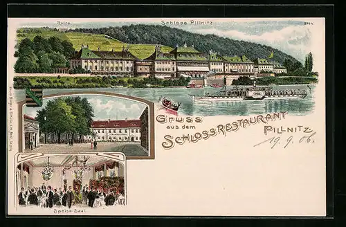 Lithographie Pillnitz, Schlossrestaurant, Schloss