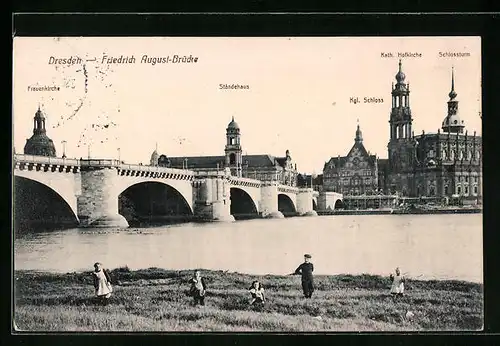 AK Dresden, Friedrich August-Brücke mit Frauenkirche, Ständehaus und Schloss