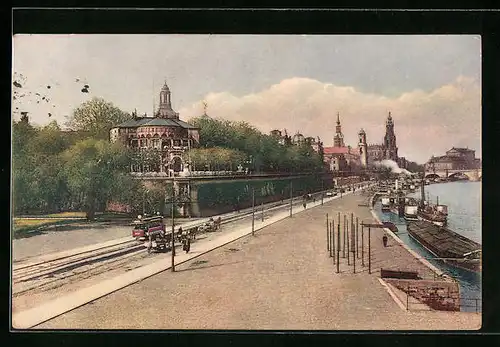 AK Dresden, Terrassenufer mit Kgl. Belvedere, mit Schiffen und Strassenbahn