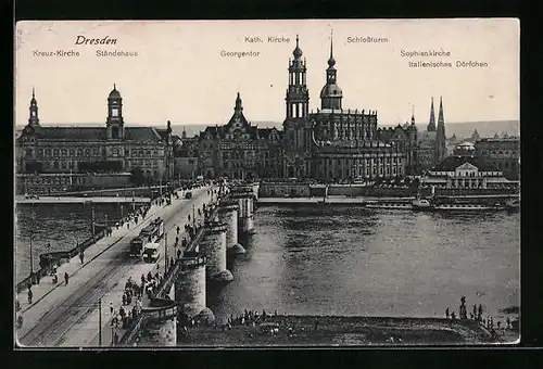 AK Dresden, Teilansicht mit Kreuz-Kirche, Georgentor und Sophienkirche