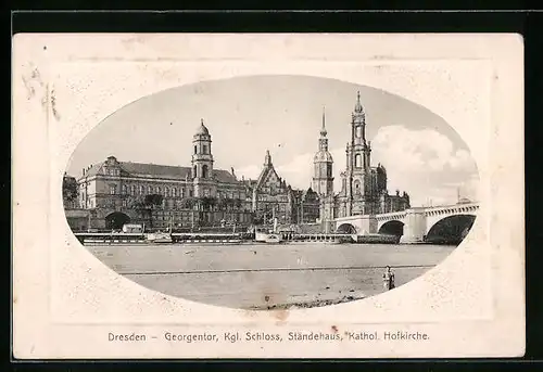 Präge-AK Dresden, Georgentor, Kgl. Schloss, Ständehaus, Kathol. Hofkirche