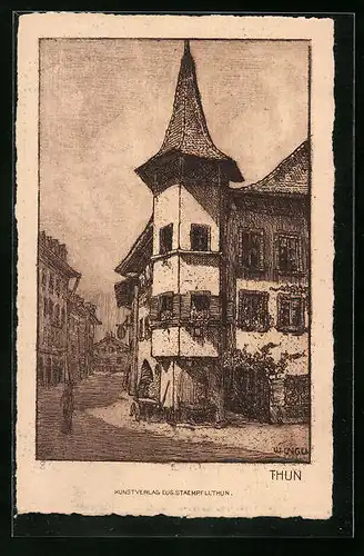 Künstler-AK Thun, Strassenpartie in der Stadt