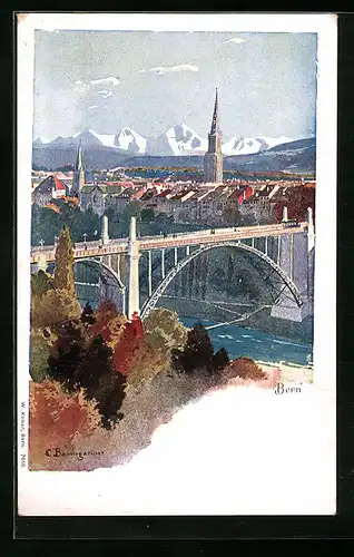 Künstler-AK Bern, Herbstliche Stadtansicht mit Brücke