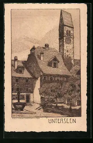 Künstler-AK Unterseen, Idyllischer Winkel mit Brunnen am Kirchturm