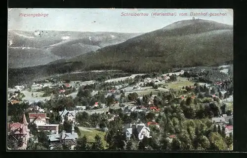 AK Schreiberhau-Marienthal /Riesengebirge, Teilansicht vom Bahnhof gesehen