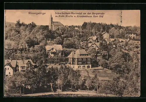 AK Schreiberhau-Mariental, Teilansicht mit Kath. Kirche und Krankenhaus Herr Hilf