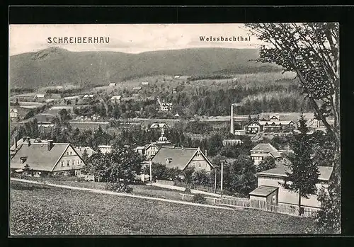 AK Schreiberhau, Blick über den Ort, in der Ferne das Weissbachthal