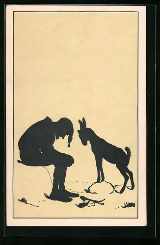 Künstler-AK Paul Konewka: Silhouette eines weinenden Müllers mit seinem Zicklein