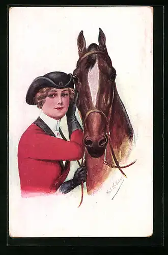 Künstler-AK Friedrich Kaskeline: Blonde Reiterin mit ihrem Pferd