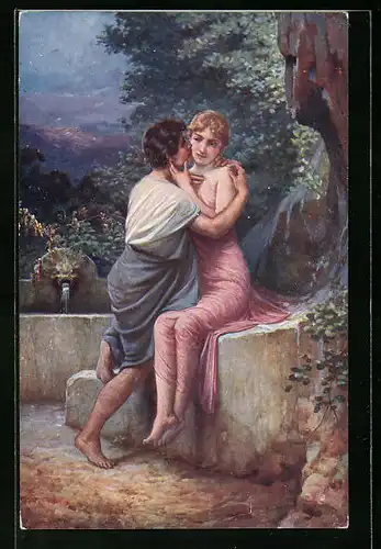Künstler-AK Adolf Liebscher: Der Liebesschwur, Innige Umarmung zweier Verliebten in der Dämmerung