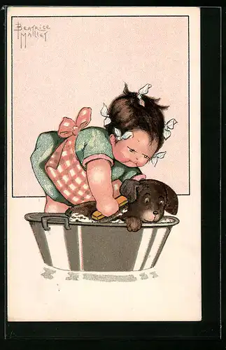 Künstler-AK Beatrice Mallet: Kleines Mädchen beim Waschen des Hundes in der Wanne
