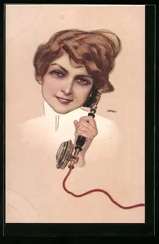 Künstler-AK Leopoldo Metlicovitz: Kurzhaarige Dame mit Telefon am Ohr