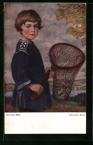 Künstler-AK Corneille Max: Ein guter Fang, Bursche mit Fischen im Kescher