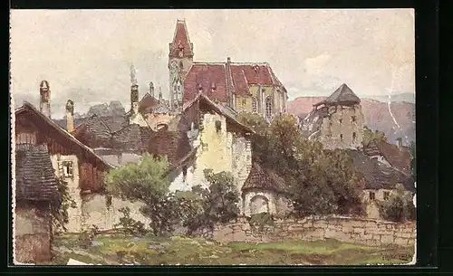 Künstler-AK Fritz Lach: Weissenkirchen a. D., Ortspartie mit Kirche, Nibelungenweg
