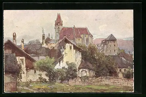 Künstler-AK Fritz Lach: Weissenkirchen a. D., Ortspartie mit Kirche, Nibelungenweg