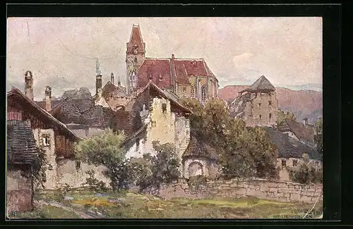 Künstler-AK Fritz Lach: Weissenkirchen a. D., Ortspartie mit Kirche, Nibelungenweg