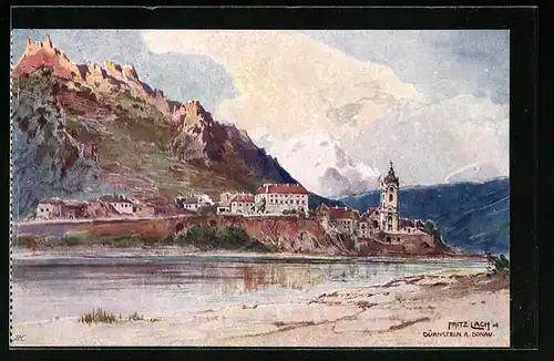 Künstler-AK Fritz Lach: Dürnstein a. Donau, Uferpartie