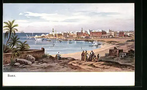 Künstler-AK Friedrich Perlberg: Suez, Panorama