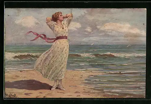 Künstler-AK Alfred Mailick: Frau am Strand bei Meeresrauschen