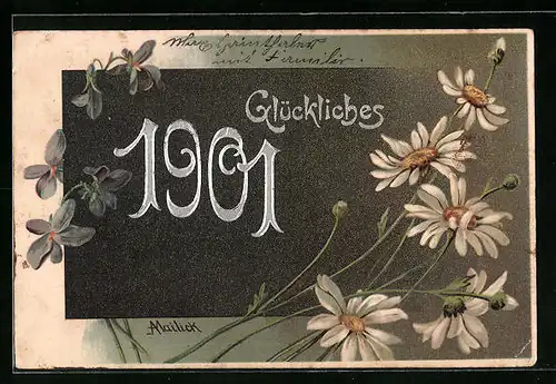 Präge-Künstler-AK Alfred Mailick: Blumen und Jahreszahl, Neujahrsgruss 1901