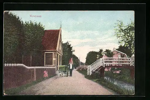 AK Westzaan, Ortspartie mit Brücke und Hundegespann