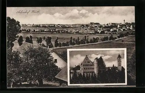 AK Aulendorf /Württ., Ortsansicht aus der Vogelschau und Gebäude mit Turm