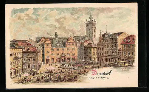 Lithographie Darmstadt, Marktplatz mit Rathhaus