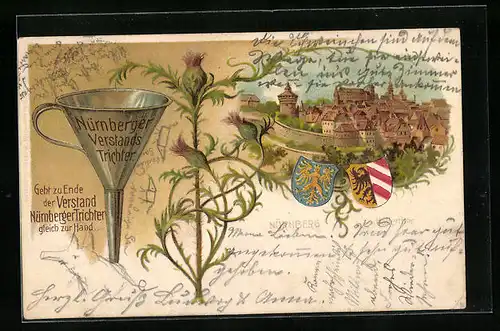Lithographie Nürnberg, Ortsansicht, Wappen, Nürnberger Trichter