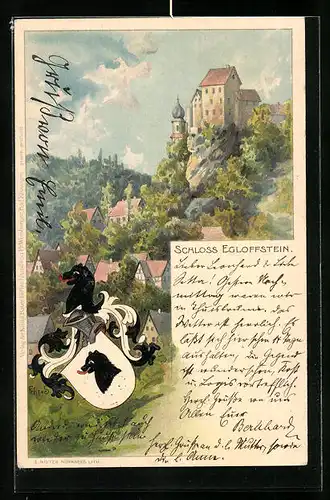 Lithographie Egloffstein, Schloss, vom Ort gesehen und Wappen