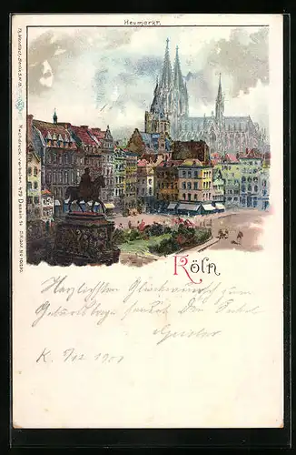 Lithographie Köln, Heumarkt mit Reiterdenkmal
