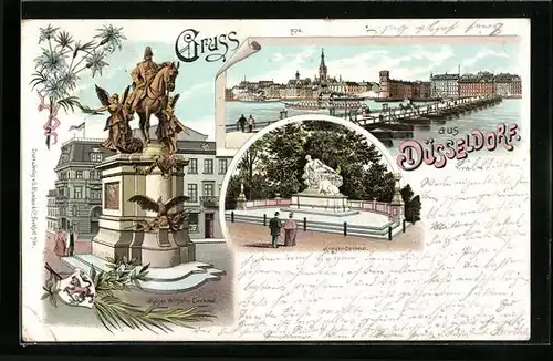 Lithographie Düsseldorf, Krieger-Denkmal, Kaiser Wilhelm-Denkmal, Totalansicht