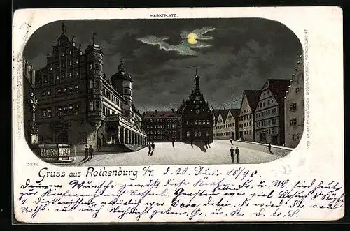 Lithographie Rothenburg, Marktplatz im Mondschein